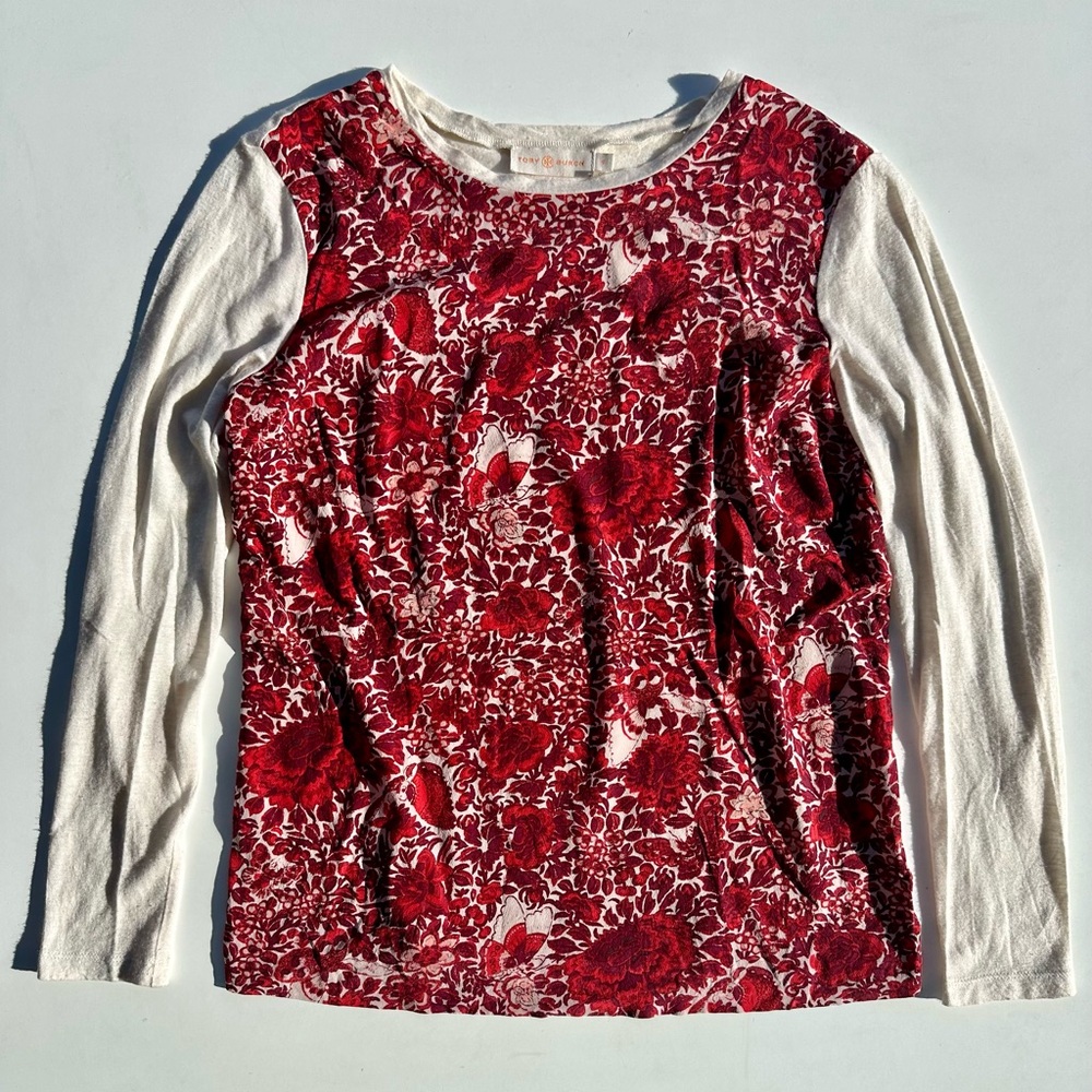 Tory Burch Silk Font Wool Sweater Red Floral and Cream Long Sleeve Top, S